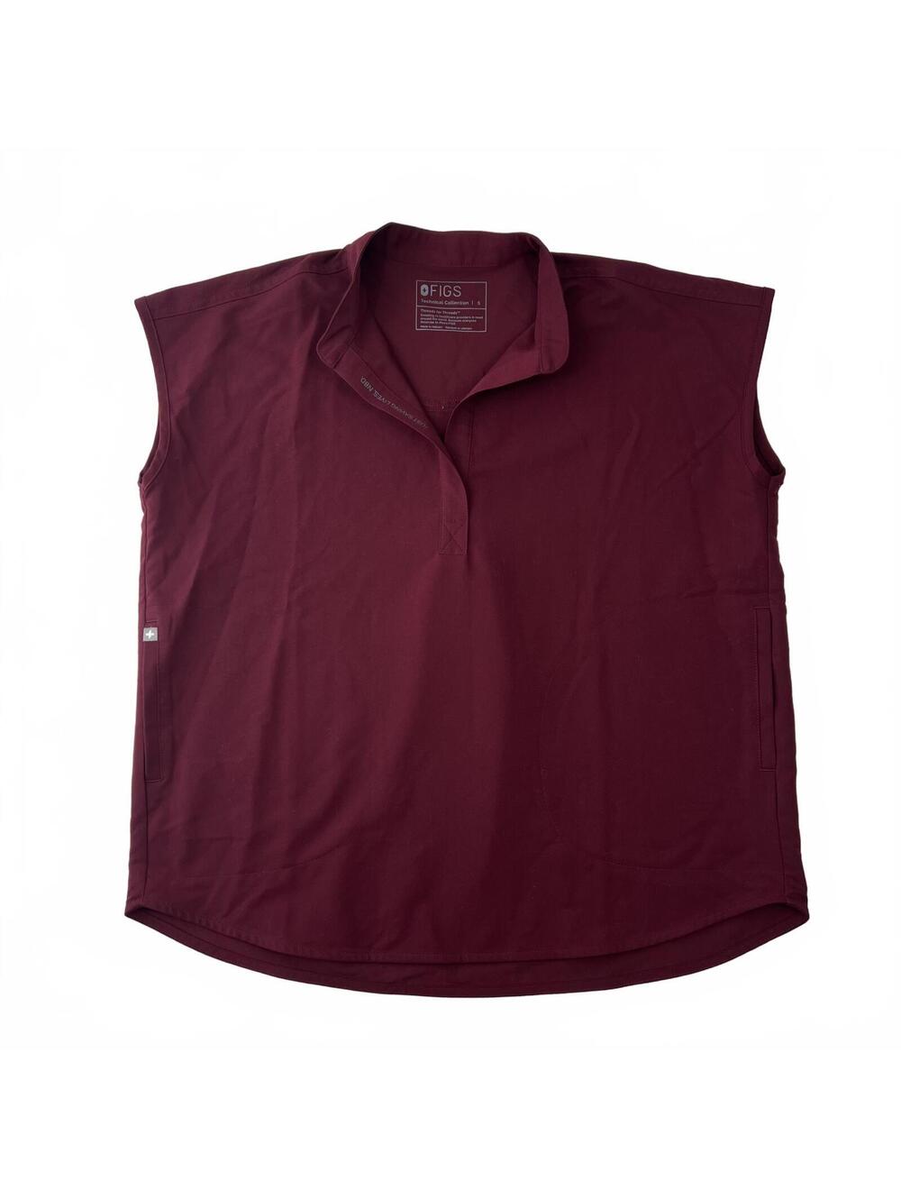IGS Burgundy Scrub Top Women's Small Cap Sleeve Collared Pocket Nurse Healthcare